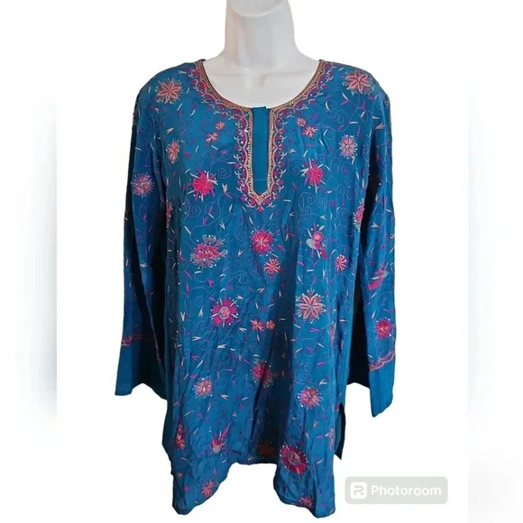 Biba Medium 42 90s Turquoise Floral Beaded Boho Ethnic Kurti Tunic Top Cottage - Picture 2 of 7